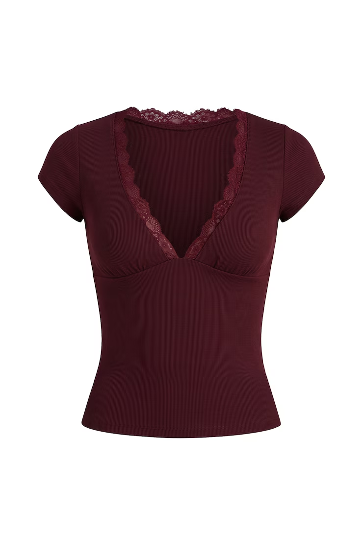 Snatchrib Plunge Lace Trim T-Shirt - Image 2