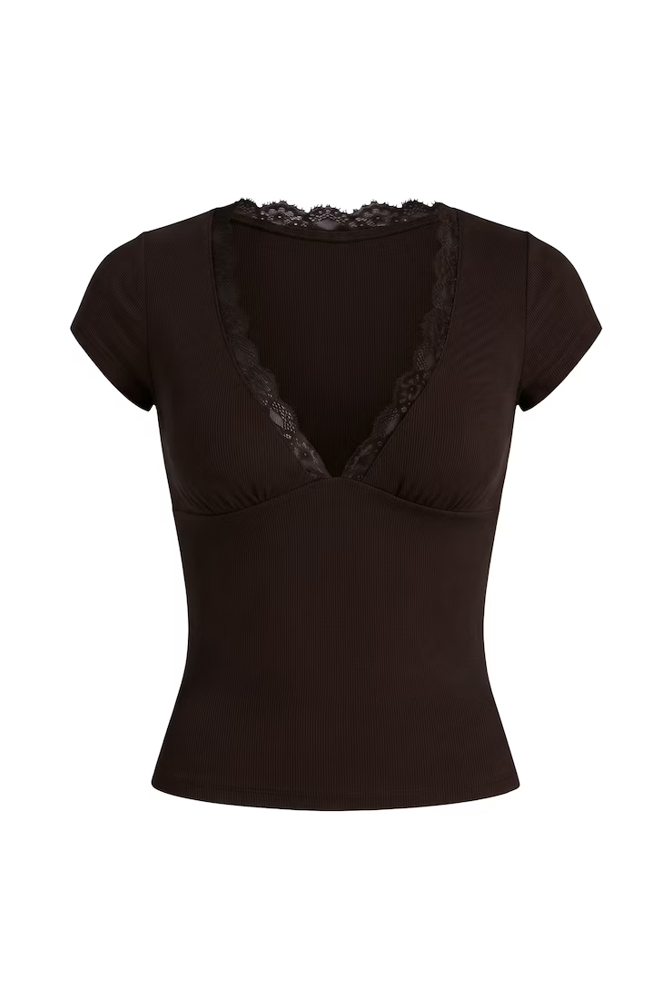 Alternative view of Snatchrib Plunge Lace Trim T-Shirt