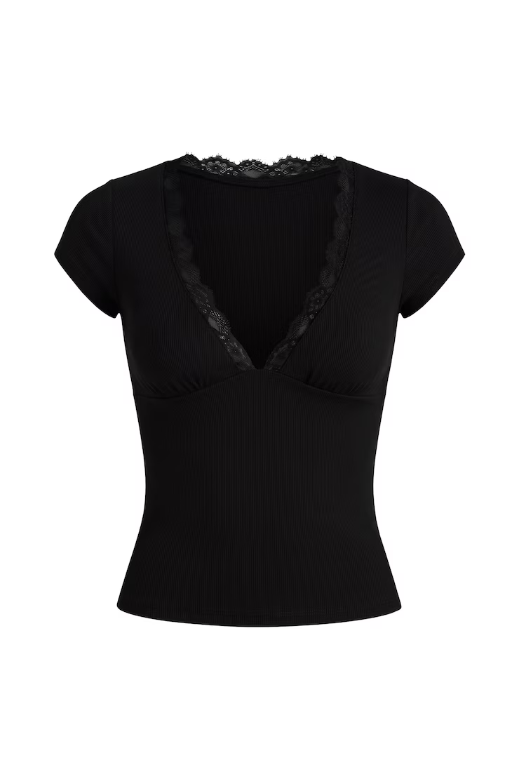 Alternative view of Snatchrib Plunge Lace Trim T-Shirt