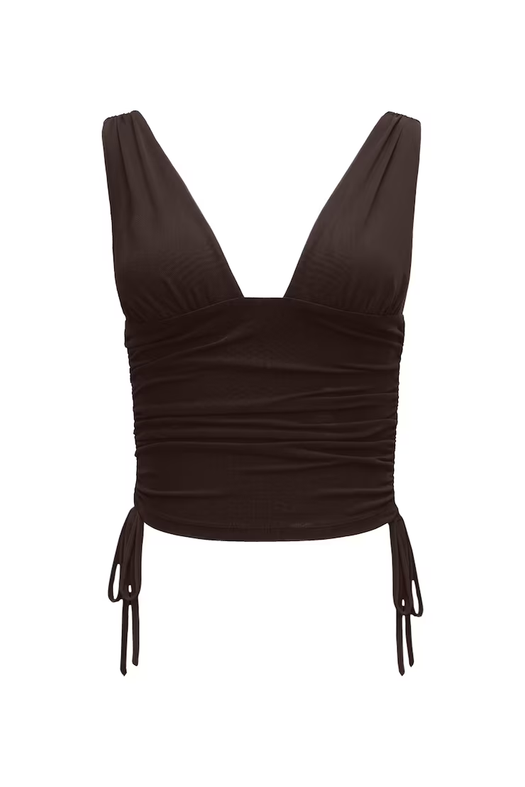Alternative view of Plunge Ruched Tie Mesh Top