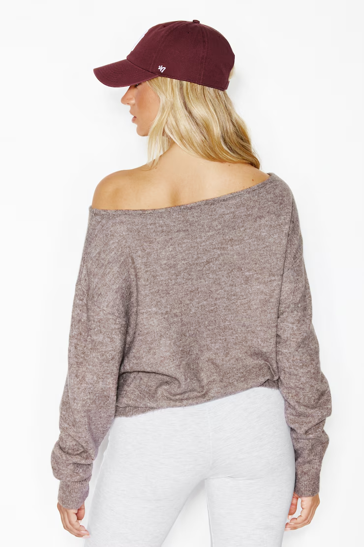 Long Sleeve Spongy Relaxed Off Shoulder Sweater - Image 6